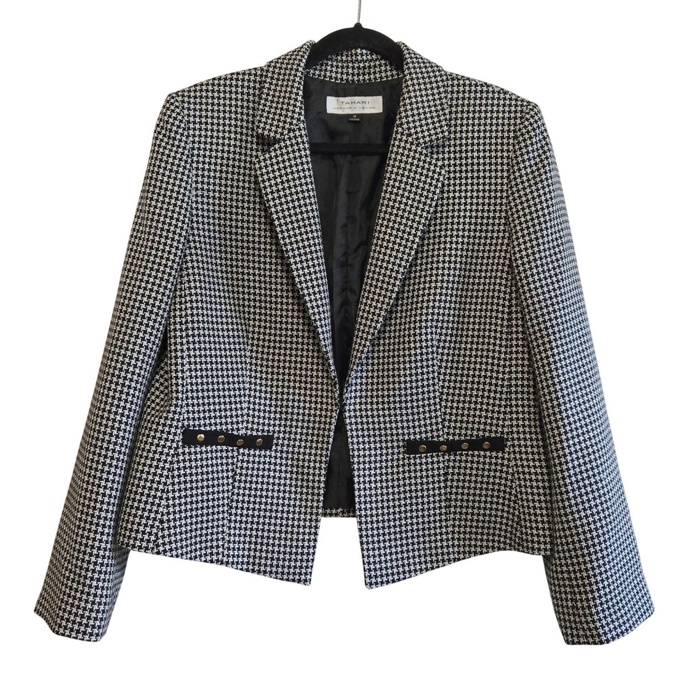 Tahari Designer‎ Chic Houndstooth Blazer Women's 16 Black White Studded Cropped